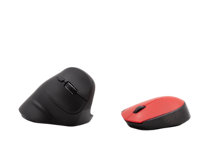 Vertical black and horizontal red computer mouse on a transparent background against each other. Horizontal. PNG. Template. Photo in high quality png