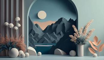 3D Render of Daytime Scandinavian Nature Room with Mountainous Landscape Background photo