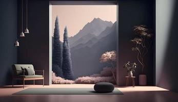 3D Render of Daytime Scandinavian Nature Room with Mountainous Landscape Background photo