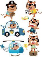 vector set of funny tiger cartoon in different profession and activity