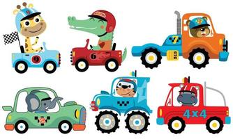 Vector set of cartoon racing car with funny animals racer