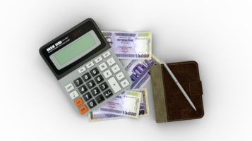 3D rendering of an isolated composition of 1000 Bangladeshi taka notes, a calculator, a note book and a pen png