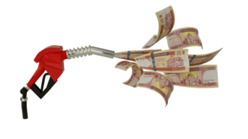 3d representación de afgano afganos notas viniendo fuera desde combustible bomba. rojo combustible boquilla con afgani volador alrededor png