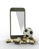 3D rendering of a mobile phone with  soccer ball and stacks of Jordanian dinar notes isolated png