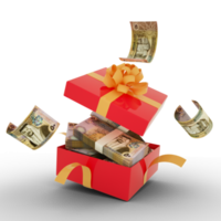 Jordanian dinar notes inside an open red gift box. Jordanian dinar inside and flying around a gift box. 3d rendering of money inside box isolated png