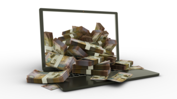 3D rendering of Jordanian dinar notes coming out of a Laptop monitor. stacks of lei notes inside a laptop. money from computer, money from laptop png