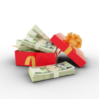 Stack of Cuban Peso notes inside an open red gift box. Bundles of Cuban Pesos inside a gift box. 3d rendering of money inside box png