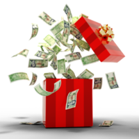 3D rendering of A lot of Cuban Peso notes coming out of an opened red gift box png