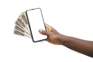 Black hand holding mobile phone with blank screen and United Arab emirates dirham png