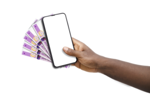 Black hand holding mobile phone with blank screen and Central African cfa franc notes png