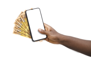 Black hand holding mobile phone with blank screen and Ugandan shilling notes png