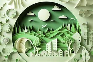 Paper art style , Paper cut of eco city design Green energy concept and environment conservation photo