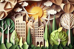 Paper art style , Paper cut of eco city design Green energy concept and environment conservation photo