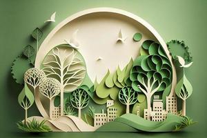 Paper art style , Paper cut of eco city design Green energy concept and environment conservation photo