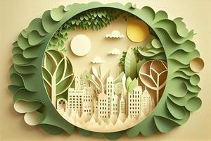 Paper art style , Paper cut of eco city design Green energy concept and environment conservation photo