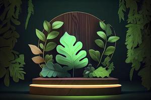 neon wood slice podium and green leaves concept scene stage showcase for new product photo