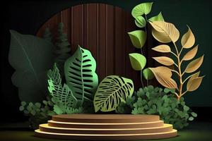 neon wood slice podium and green leaves concept scene stage showcase for new product photo