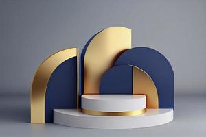 3d render of blue and gold podium. Background with geometric composition photo