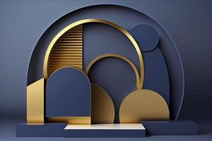 3d render of blue and gold podium. Background with geometric composition photo