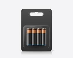 3d AA or AAA battery package mock up. Batteries in transparent blister pack with blank space. Package element isolated on white background. vector