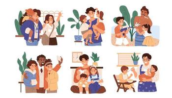 Multi ethnic men taking care of their children. Concept of fatherhood, single father, and diverse family. Illustration set designed in flat style. vector