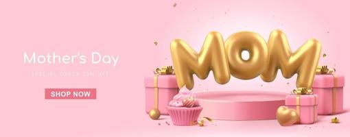 3d minimal pink banner background, suitable for Mother's Day. Mom balloon words float on podium with gift boxes decorated aside. vector