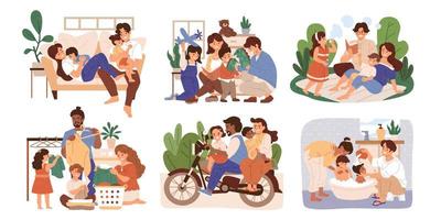 plano estilo ilustración de madre y padre tomando cuidado de su niños juntos. concepto de familia fin de semana ocupaciones y multi étnico familia. vector