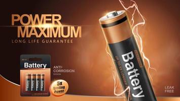 AA or AAA battery ad banner template. 3d battery mock up releases electric lightening bolt power. vector