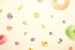 Design element of colorful ring cereals in 3D illustration. Cereal rings of fresh fruit flavors flying on beige color background. vector