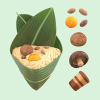 3D isolated elements of Zongzi stuffing for Duanwu Festival. Ingredients include peanuts, salted egg yolk, chestnut, shiitake, pork belly, and a unwrapped rice dumpling vector