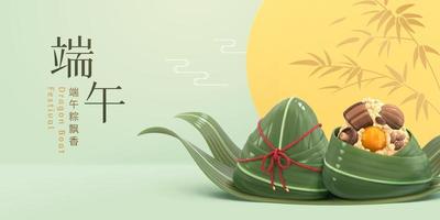 zongzi en bambú hojas. bandera para duanwu festival en 3d estilo. chino traducción, delicioso arroz albóndigas, continuar barco festival, 5to día de el quinto lunar mes vector