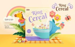 3d crunchy ring cereal ad template. Product package mock up sets on a picnic mat, decorated with butterfly, flowers and cute zoo animals. vector