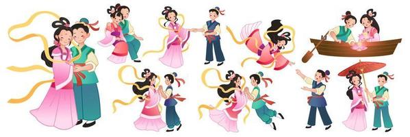 vaquero y tejedor niña para qixi festival. el antiguo cuento Pareja caracteres en chino San Valentín día con diferente poses y ocupaciones vector