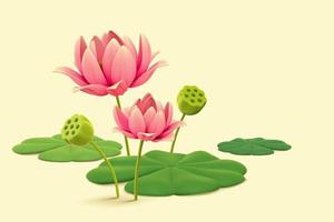 3d natural plant elements of beautiful pink lotus flowers and green leaves. Concept of summer, zen and serenity. vector