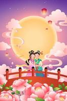 qixi festival bandera. ilustración de tejedor niña y vaquero a puente abrazo cada otro en frente de lleno Luna vector