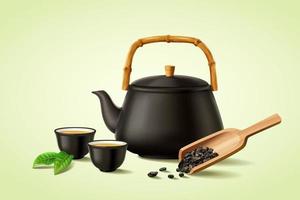 3d illustration of black ceramic teapot, teacups and wooden scoop with dried loose tea leaves. Asian tea ceremony elements isolated on green background. vector
