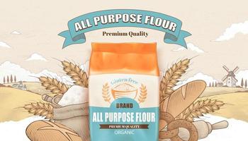 All-purpose flour banner ad. Advertisement of labelled all purpose-flour package surrounded by whole-wheat bread and baking utensils. Illustration on engraving agriculture fields as background vector