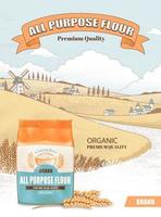 All-purpose flour pack advertisement design with the mockup of flour package in a rustic wheat field scenery in the background vector