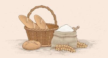 Bread and its baking utensils in colored engraving style. Illustration of bread loaves, wheat straws, and a burlap sack vector