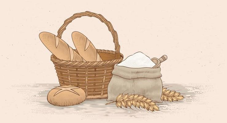 Bread and its baking utensils in colored engraving style. Illustration of bread loaves, wheat straws, and a burlap sack