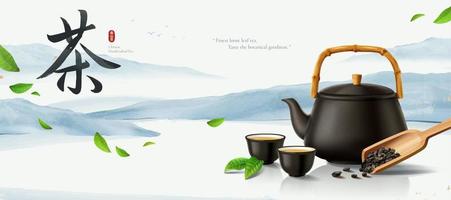 Black ceramic teapot, cups and wooden tea scoop on shiny surface with green leaves flying through mountain landscape background, 3d illustration vector