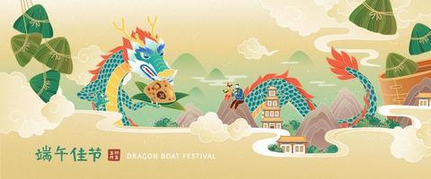 Duanwu Festival banner in flat style. People enjoy eating rice dumpling and a Chinese dragon biting one too. Chinese translation, happy Dragon Boat Festival on the 5th day of the fifth lunar month vector