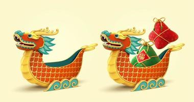 3d cartoon dragon boat toys isolated on light yellow background. One with perfume sachets and one without. Concept of iconic Chinese traditional water sport. vector