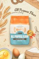 All-purpose flour pack advertisement design with the mockup of flour package, bread, wheat, eggs, and a burlap sack in flat lay vector