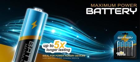 3d Li-Ion AA battery discharging and its electric waves. Banner advertisement designed on a blue-black background vector