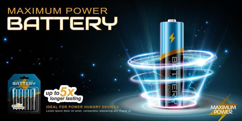 3d Li-Ion AA battery surrounded by glowing halos. Banner advertisement designed on a blue-black background