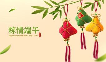 Duanwu fragrance sachets hanging on bamboo branches. Translation, good fortune, Dragon boat festival, the fifth of May. vector