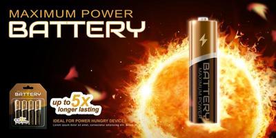 3D Li-Ion AA battery discharging on a red fireball background. Banner advertisement design of a battery product vector