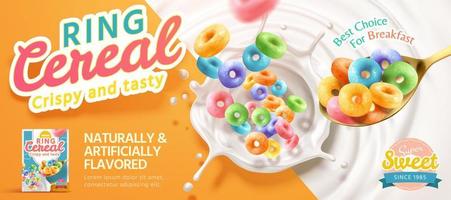 3d illustration of multicolor ring cereal falling in milk from a spoon. Ring cereal advertisement banner vector