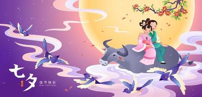 Qixi festival banner. Illustration of cowherd and weaver girl sitting on a buffalo in front of the full moon. Chinese translation, Qixi Festival, Chinese Valentines day vector